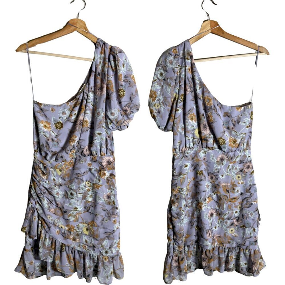 ASTR The Label Periwinkle Floral One Shoulder Tulip Mini Dress Women's Medium - Picture 3 of 14